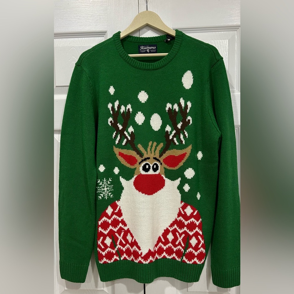 Rumors Genuine Brand Green Reindeer Santa Christmas Sweater Ladies Size Large